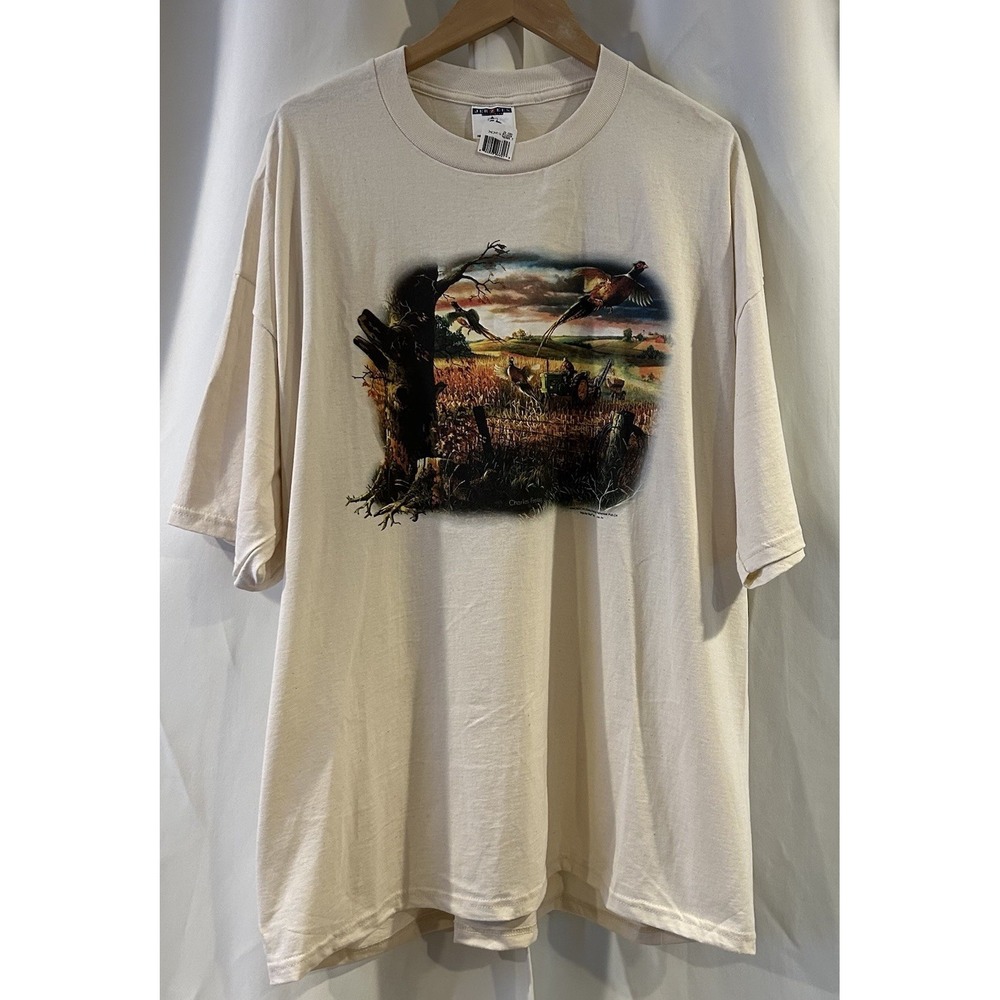 Vintage Farming Nature Shirt Adult 2X Beige Tractor Fields Pheasant Bird America